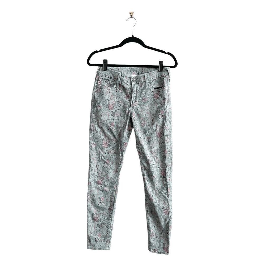Women's Printed Slim Jeans - Light Gray with Pink Paisley